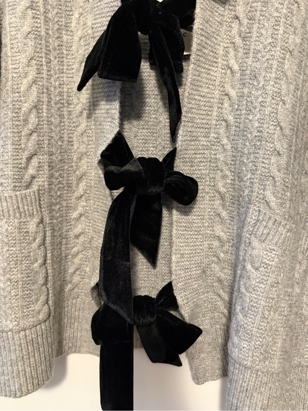 Joie Gray Cable Knit Shawl Collar Cardigan with Black Velvet Bows - Picture 2 of 3